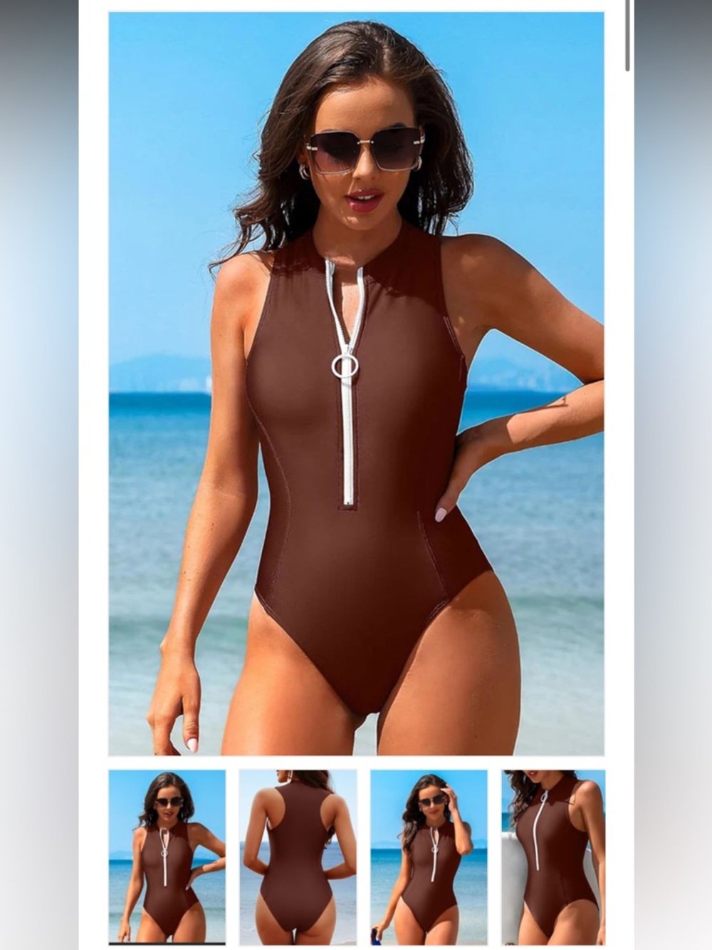 Brown High-Neck Zip One-Piece Swimsuit